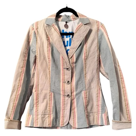 Striped Cotton Blazer Jacket Pink Blue Beige Tan Casual Career - Picture 3 of 12